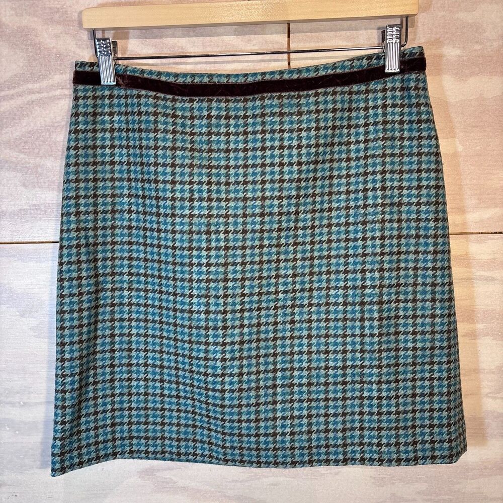 Banana Republic Wool Houndstooth Mini Skirt Teal Brown Womens 4 Preppy 90s Y2K